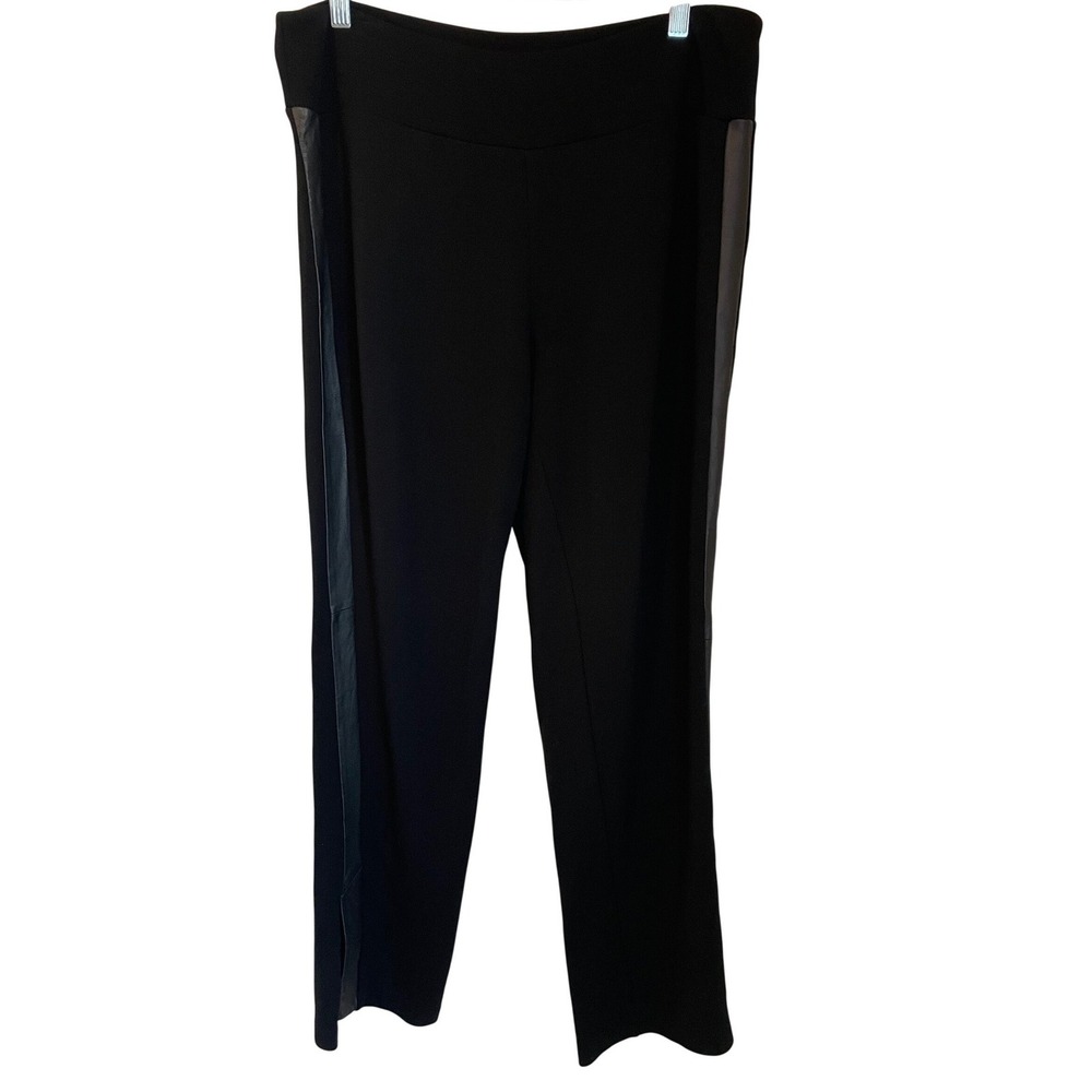 Eileen Fisher Size L Black Tencel Ponte Knit Leather Stripe Side Pull On Pants